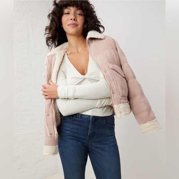NEW UpWest Corduroy Sherpa Bomber Jacket Blush/Cream/Built in Backpack Straps Lg - Picture 8 of 12